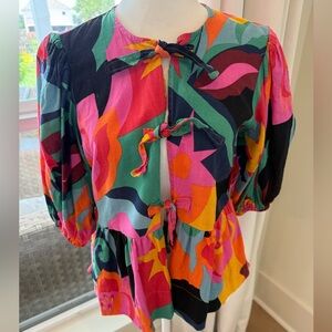 Olivaceous Multicolor Abstract Short Sleeve Tie Front Vest/Blouse size Small